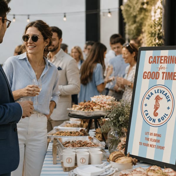 Guests mingle at an outdoor Cajun catering event beside a seafood buffet and Sea Leveaux Cajun Boil sign.