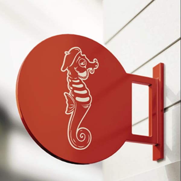 Red circular sign with a white cartoon seahorse wearing a beret and pearl necklace.