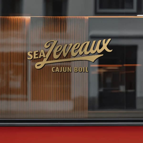 Sea Jereaux Cajun Boil logo displayed on a wood-paneled restaurant window.