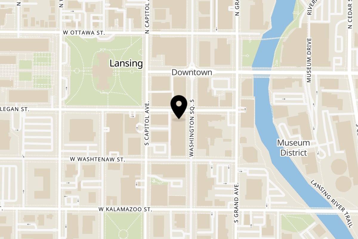 Map showing the location of Sea Leveaux on 200 S Washington Square in Lansing